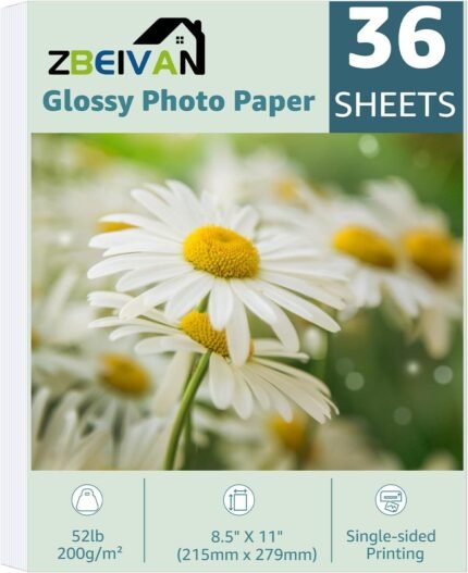 ZBEIVAN 8.5x11 Photo Paper, Glossy Photo Papers 36 Sheets, 8.5 x 11 Inkjet Printer Photo Paper for Dye Ink, 200 GSM