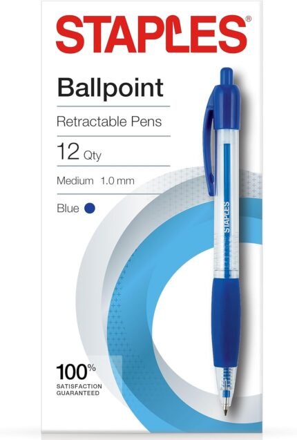 STAPLES Retractable Ballpoint Pens, Medium Point, Blue Ink, Dozen (50794)