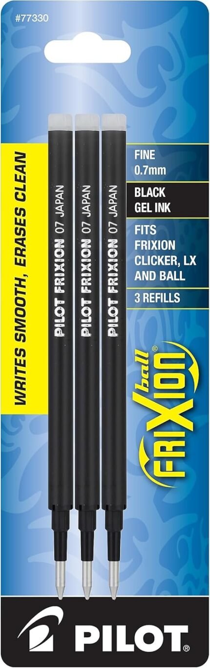 Pilot, FriXion Ball Gel Ink Refills for Erasable Pens, Fine Point 0.7 mm, Pack of 3, Black