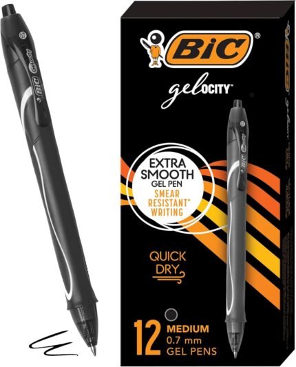 BIC Gelocity Quick Dry Black Gel Pens, Medium Point (0.7mm), 12-Count Pack, Retractable Gel Pens With Comfortable Full Grip