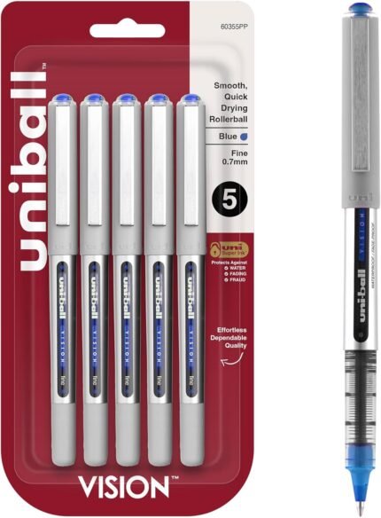uniball Vision Rollerball Pens, Fine Point (0.7mm), Blue, 5 Pack