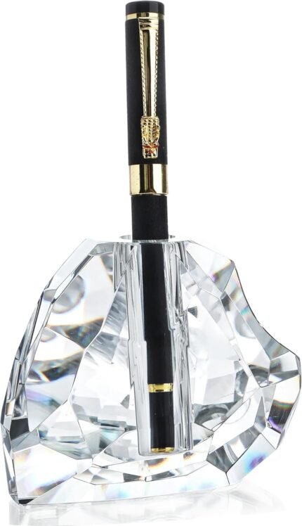 QFkris 3.5'' Crystal Signature Fountain Pen & Pencil Holder Heart Shaped Glass Cut Pen Stand Office Supplies Desktop Organizer Desk Decoration Student Graduation Birthday Gift
