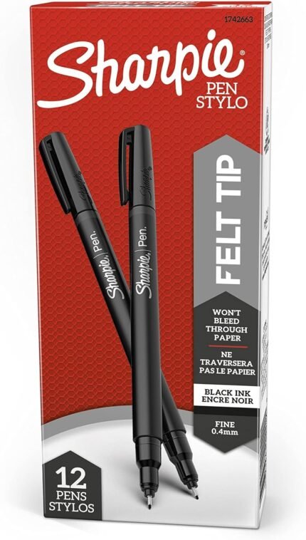 Sharpie Felt Tip Pens, Fine Point (0.4mm), Felt Tip Markers, Black, 12 Count - Journaling, Art, Drawing, Teacher, Back to School
