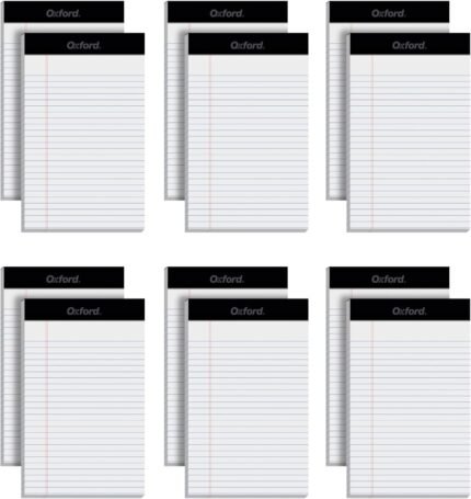 Oxford 5 x 8 Legal Pads, 12 Pack, Narrow Ruled, White Paper, 50 Sheets Per Writing Pad, Made in the USA (74019)
