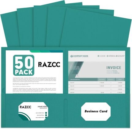 Two Pocket Folders, RAZCC 50 Pack 2 Pocket Folders Fit Letter Size Paper, Paper Folders with Pockets for School Office Business Home, Turquoise