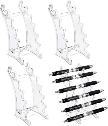 4 Pieces Plastic Pen Display Stand 6 Slots Pen Holder Eyebrow Pen Display Stand Makeup Brush Rack Organizer for Home School and Office Store Use
