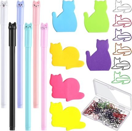 Nezyo 42 Pack Cat Stationery Set Office Supplies 6 Color Cute Cats Sticky Notes 30 Pcs Kitty Paper Clips 6 Pcs Kitty Pens Lover Gift Lovely Desk Accessories for Work School Office Supplies(Cute Cat)