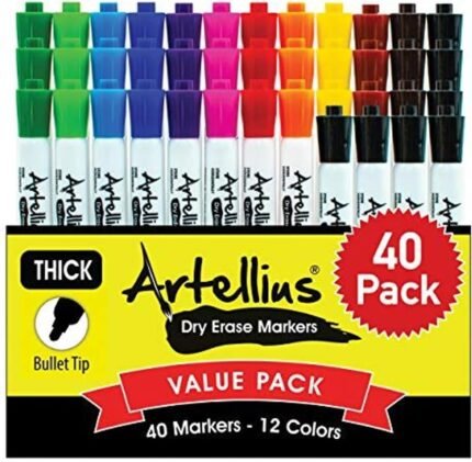 Artellius Dry Erase Markers Bulk - 40-Pack Assorted Colors - Thick Barrel Design & Low Odor Ink - Washable & Kid Friendly Whiteboard Markers for School Supplies & Classroom Use - Teacher Supplies