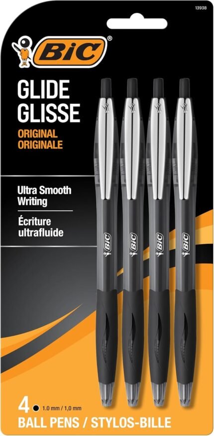 BIC Glide Black Retractable Ballpoint Pens, Medium Point (1.0mm), 4-Count Pack, Ultra Smooth Writing Black Pens