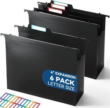 Plastic High Capacity Hanging File Folders, 4" Expanding Pocket with Movable Dividers, Heavy Duty for Filing Cabinet, Insertable Tabs, Letter Size - 6 Pack
