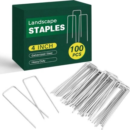 CEWOR 100 Pack Landscape Staples 4 Inches, Galvanized Garden Stakes Landscape Staples Fabric Pins Lawn Stakes for Barrier Fabric, U-Type Heavy Duty