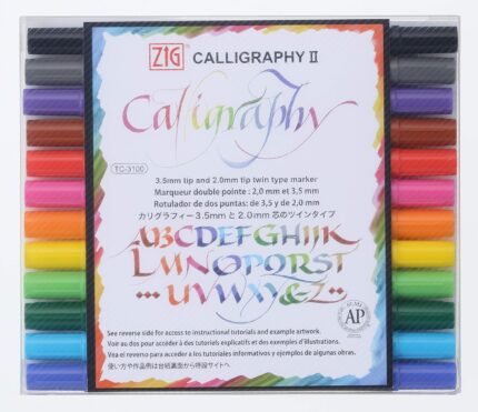 Kuretake ZIG Calligraphy Marker Pens, 12 Colors set, 2mm & 3.5mm Dual Tip Markers, for Writing & Hand Lettering, for Professional, Beginner, Water-based dye ink, Made in Japan