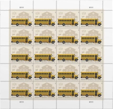 School Bus Additional Ounce USPS Postage Stamps 1 Sheet of 20 Students Children Teachers Celebration Party Announcement (20 Stamps)
