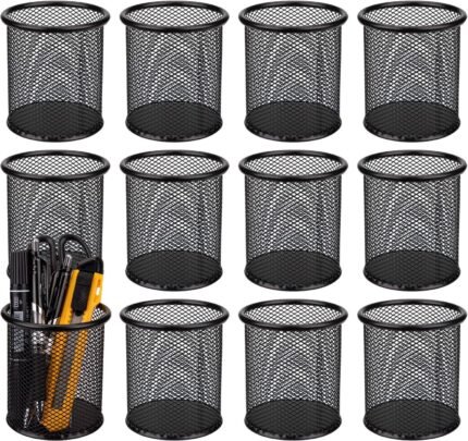 Nicunom 12 Pack Metal Pen Holder Wire Mesh Pen Cup Pencil Holder Pencil Cup for Desk Office Pen Organizer, Black