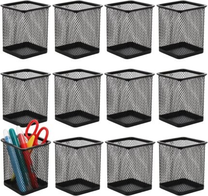 Nicunom 12 Pack Mesh Pen Holder for Desk, Wire Mesh Pencil Cup Holder Metal Pencil Holder Organizer for Office Home School Supplies, Black ﻿