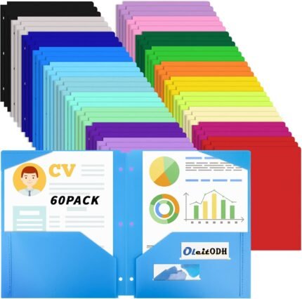 60 Pack Plastic Folders with Pockets 3 Hole Punched - Oleitodh 20 Colors 2 Pocket Folder with 2 Business Card Holder, Fit in 3 Ring Binder, Heavy Duty Folders for School Home Office & Business