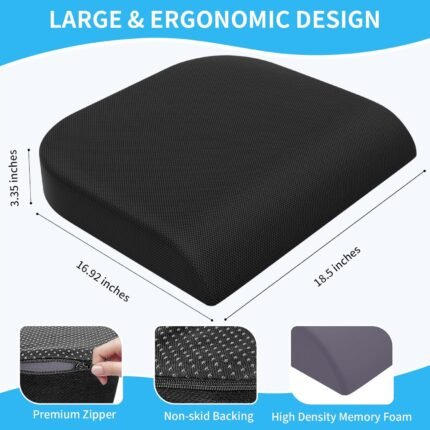 Large Seat Cushion, Memory Foam Cushion for Long Sitting Hours on Office Chair, Home & Car, Non-Slip Chair Pad for Back, Sciatica, Hip, Coccyx Pain Relief & Post-Surgery Recovery (Black)